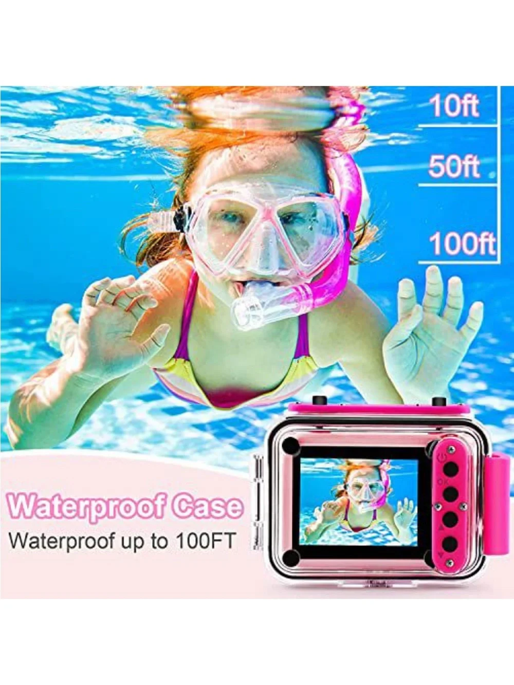 Kids Pink Waterproof Action Camera with 32GB Card